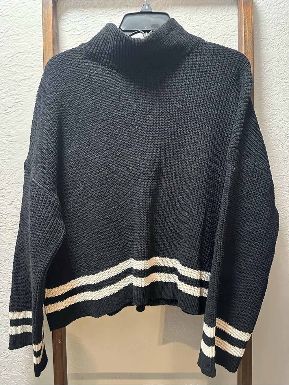 Sanctuary Black Turtleneck Sweater with Cream Stripes